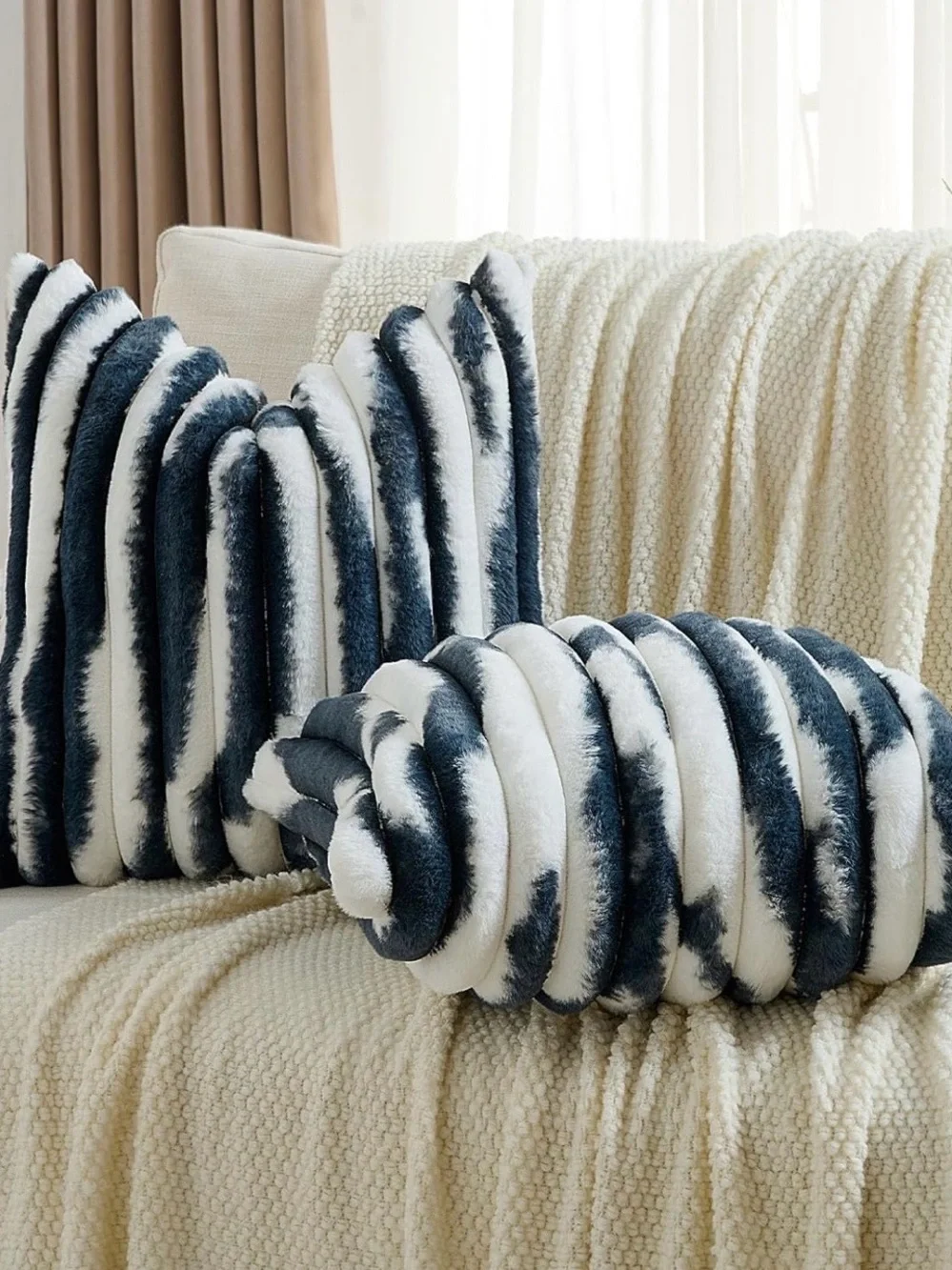 Plush Striped Accent Pillow Covers - White and Dark Blue